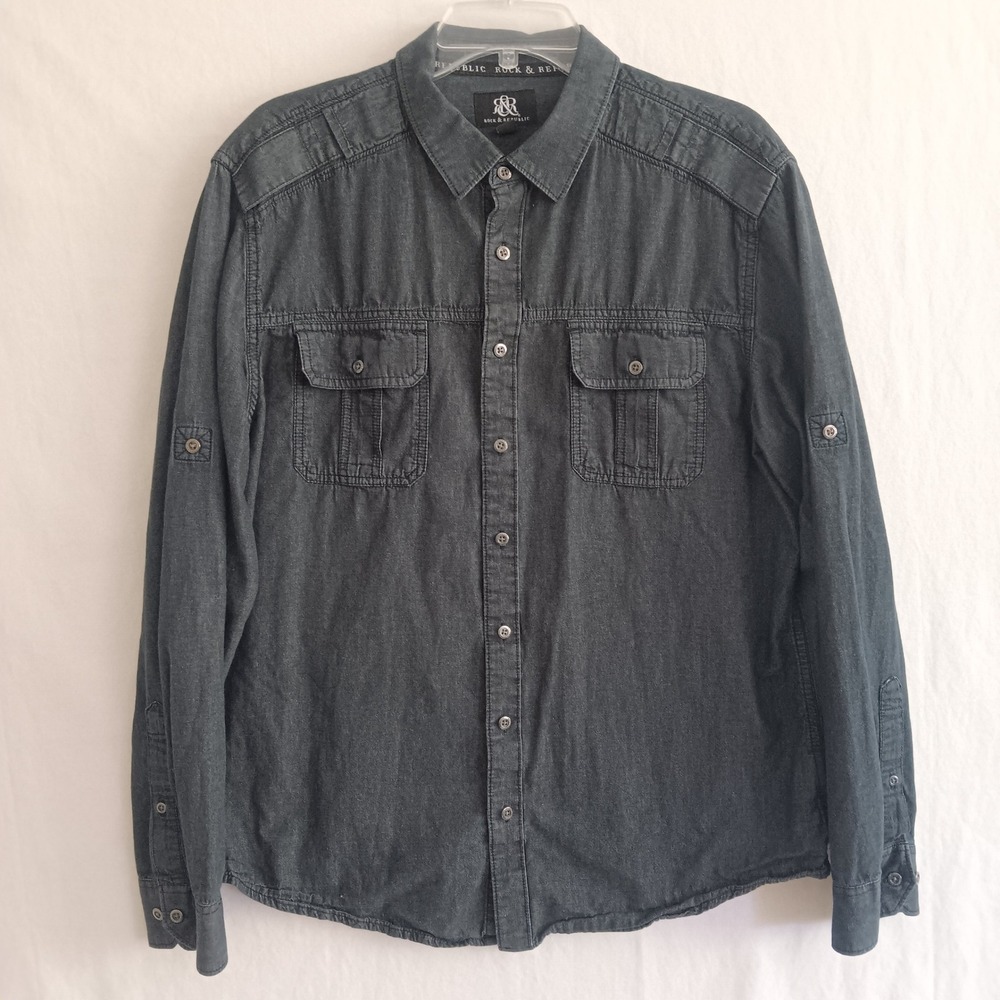 Rock & Republic Button Down Mens XL Dark Wash Blue Long Sleeve Denim Shirt